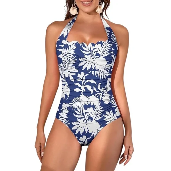 One Piece Tummy Control Swimsuit Halter Scallop Trim - Picture 1 of 4